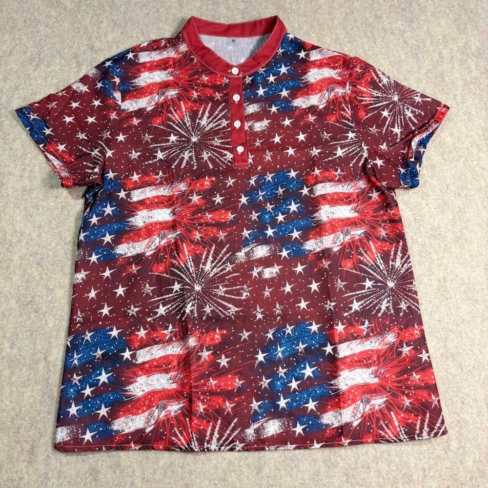 Fireworks Henley Shirt Mens Medium Red Patriotic Stars Stripes Festival